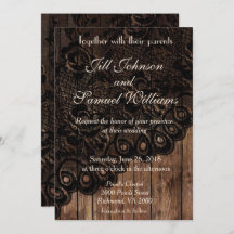Invitación a la boda de madera marrón y encaje fal