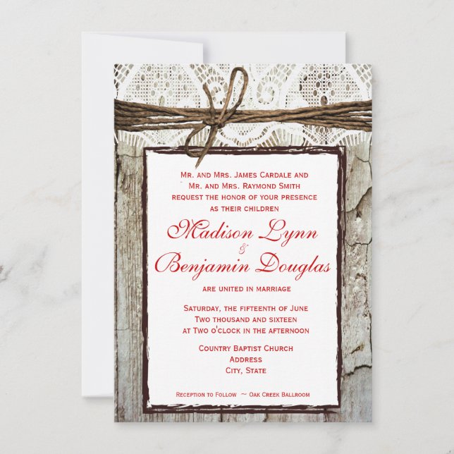 Invitación a la boda de maderas rusticas a la cart (Anverso)