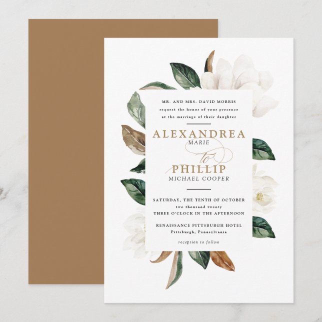 Invitación a la boda de Magnolia| Blanco (Anverso / Reverso)