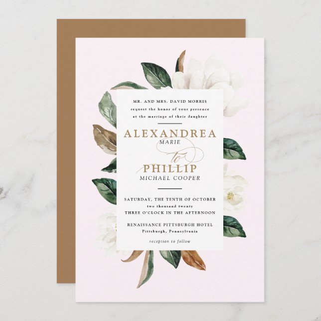 Invitación a la boda de Magnolia| Rubor Rosa (Anverso / Reverso)