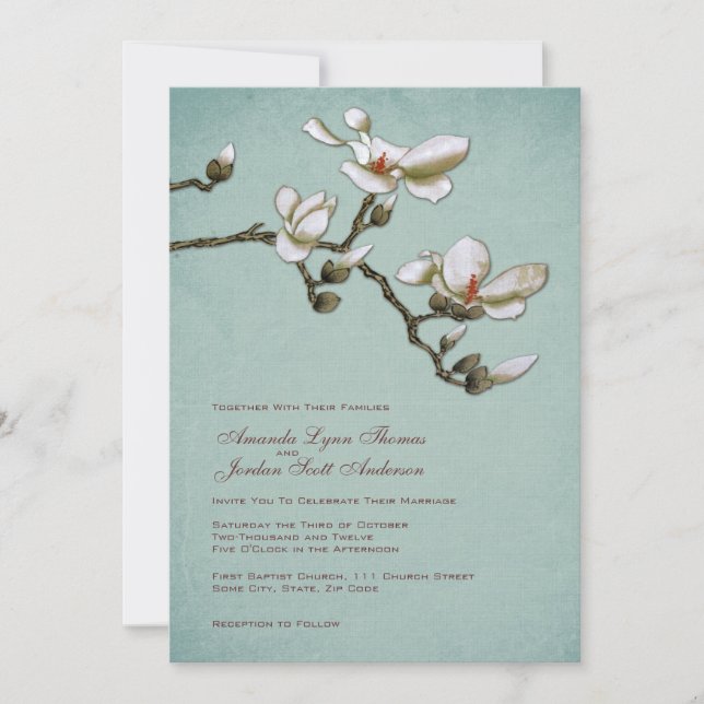 Invitación a la boda de Magnolia Verde azulada y b (Anverso)