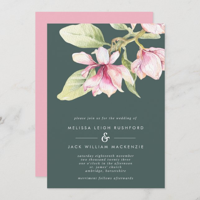 Invitación a la boda de Magnolia verde rosa y sabi (Anverso / Reverso)