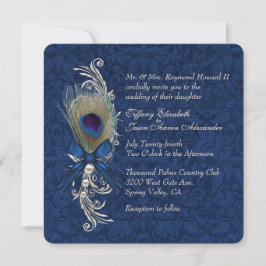 Invitación a la boda de malla azul y pluma de pavo