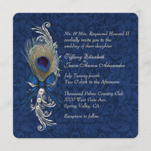 Invitación a la boda de malla azul y pluma de pavo
