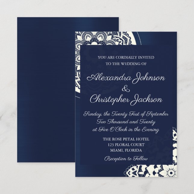 Invitación a la boda de manala azul y blanca (Anverso / Reverso)