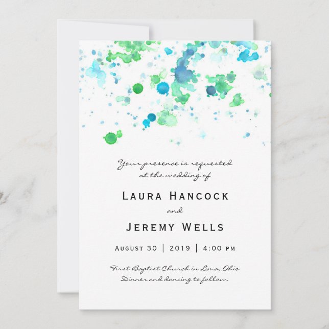 Invitación a la boda de manchas de color agua (Anverso)