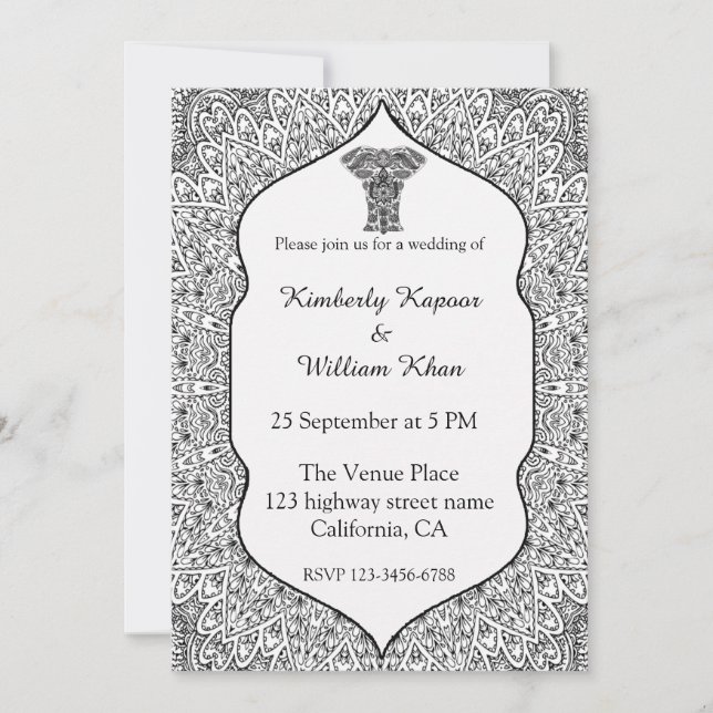 Invitación a la boda de Mandala en blanco y negro (Anverso)