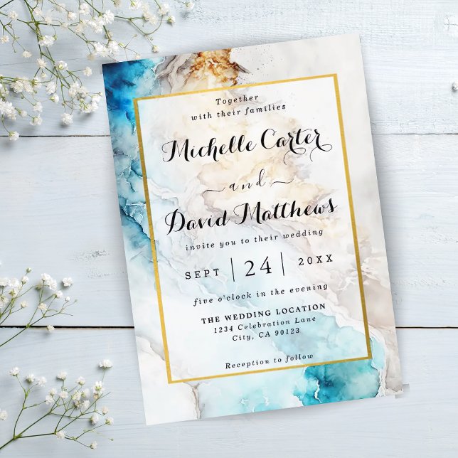 Invitación A La Boda De Marble Azul Y Oro De Lujo (Subido por el creador)