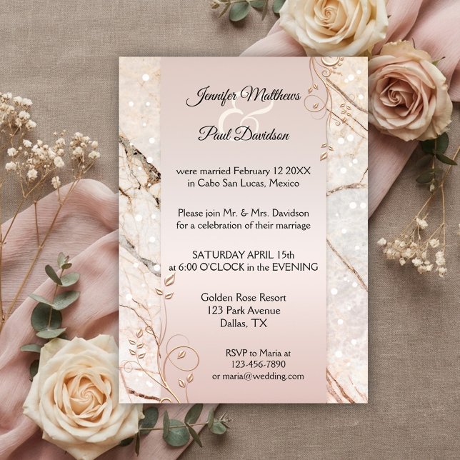 Invitación a la boda de Marble Rosa Gold Floral Po (After wedding invitation featuring rose gold floral swirls on a blush pink and marble background)