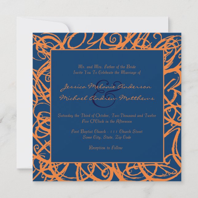 Invitación a la boda de marco azul y Naranja (Anverso)