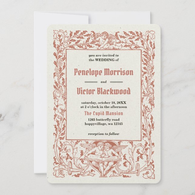 Invitación a la boda de marco de ángeles de época (Anverso)