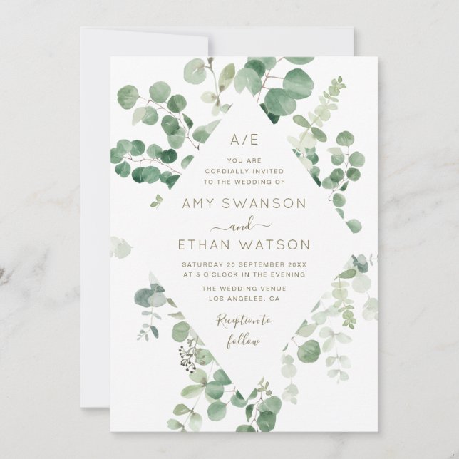 invitación a la boda de marco de eucalipto verde (Anverso)