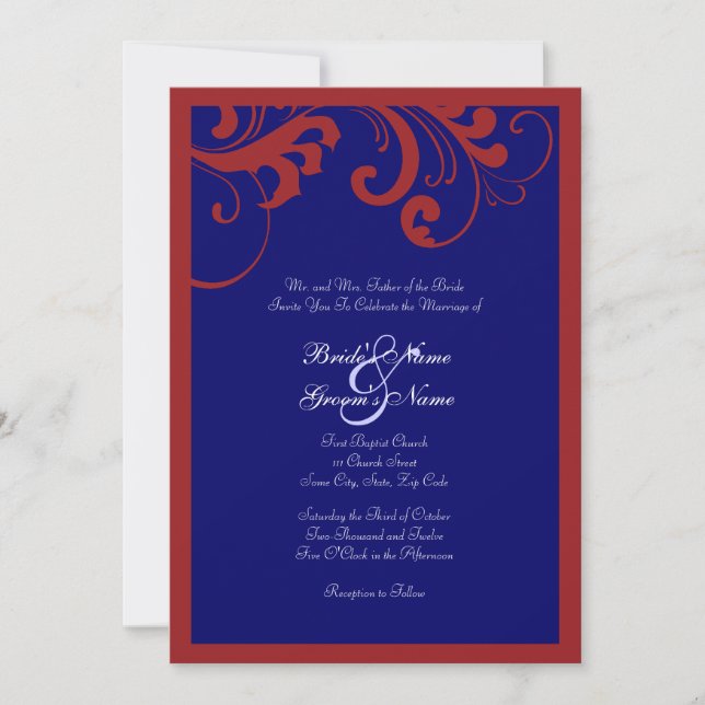 Invitación a la boda de marco de Swirls Rojo, Blan (Anverso)
