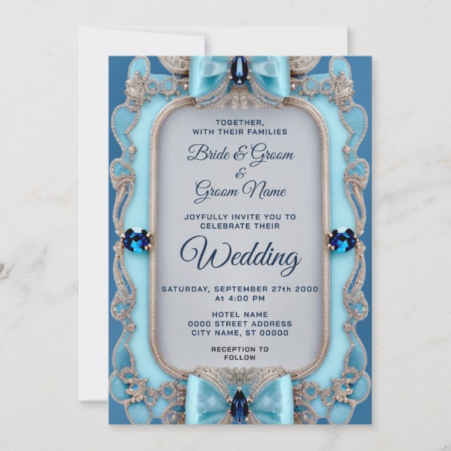 Invitación a la boda de marco decorativo azul (Anverso)