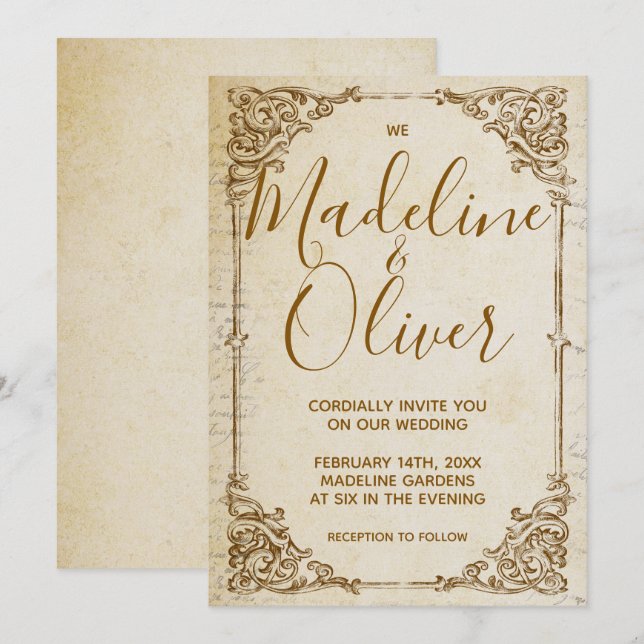 Invitación a la boda de marco dorado clásico vinta (Anverso / Reverso)