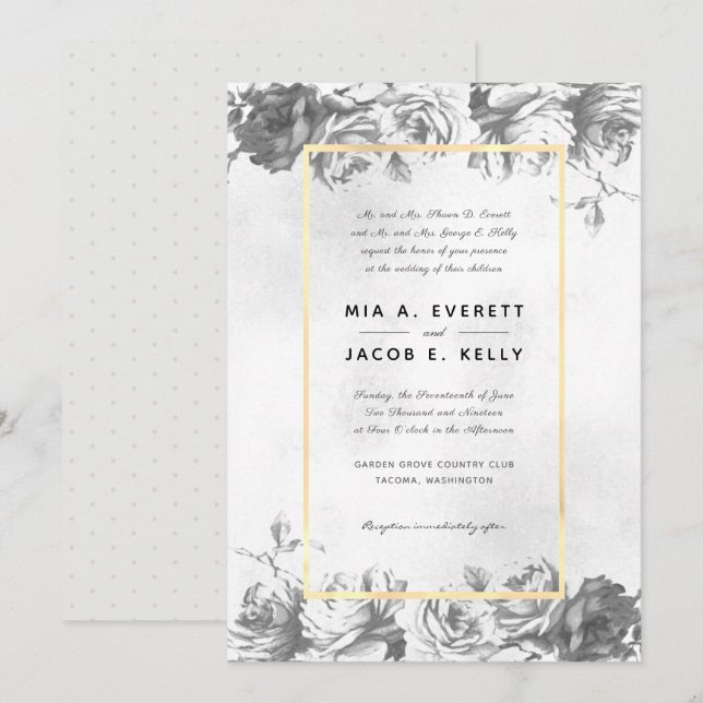 Invitación a la boda de marco dorado de Rosas gris (Anverso / Reverso)