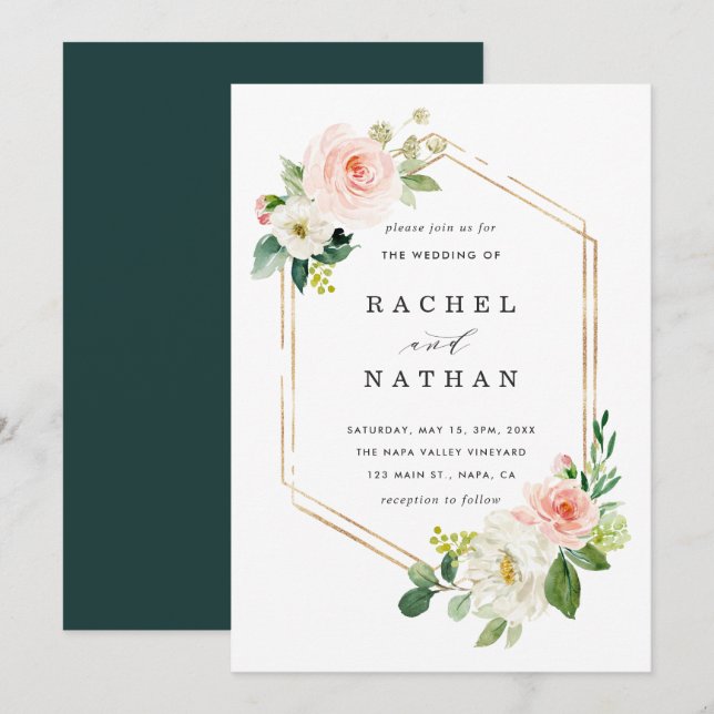 Invitación a la boda de marco dorado en el floreci (Anverso / Reverso)
