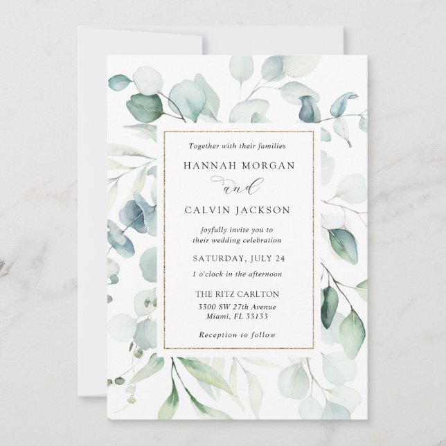 Invitación a la boda de marco dorado Eucalyptus (Anverso)
