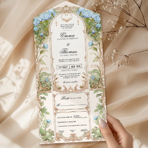 Invitación a la boda de marco floral azul y dorado