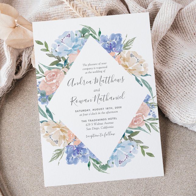 Invitación a la boda de marco floral azul y rosa c (Subido por el creador)