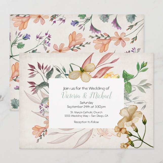 Invitación a la boda de marco floral con flores si (Anverso / Reverso)