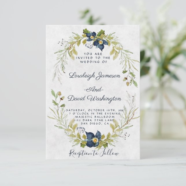 Invitación a la boda de marco floral de Budget Blu (Anverso de pie)
