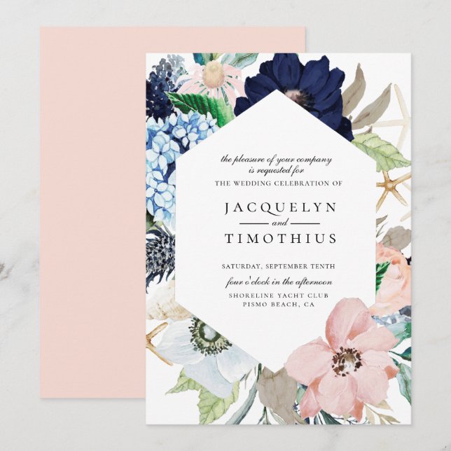 Invitación a la boda de marco floral de la Marina  (Anverso / Reverso)