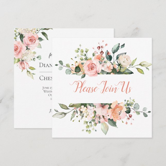 Invitación a la boda de marco floral de Peach y Ru (Anverso / Reverso)