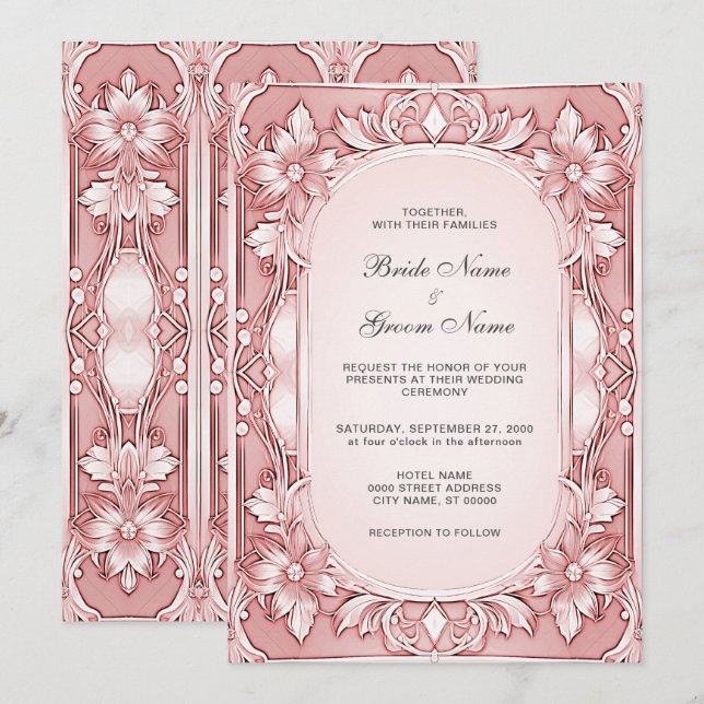 Invitación a la boda de marco floral rosa (Anverso / Reverso)