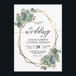 Invitación a la boda de marco geométrico Eucalyptu<br><div class="desc">Esta es una hermosa invitación a la boda con diseño de marco geométrico de oro y eucalipto. Se incluye un patrón de fondo coincidente con hojas de eucalipto.</div>