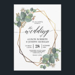 Invitación a la boda de marco geométrico Eucalyptu<br><div class="desc">Esta es una hermosa invitación a la boda con diseño de marco geométrico de oro y eucalipto. Se incluye un patrón de fondo coincidente con hojas de eucalipto.</div>