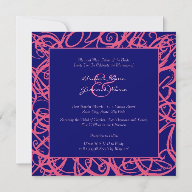 Invitación a la boda de marco rosa y azul (Anverso)