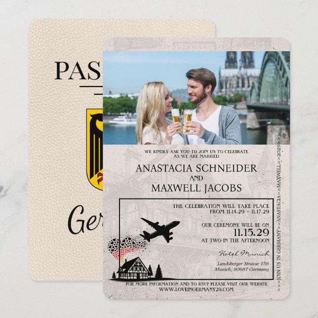 Invitación a la boda de marfil-Alemania Passport (Anverso / Reverso)