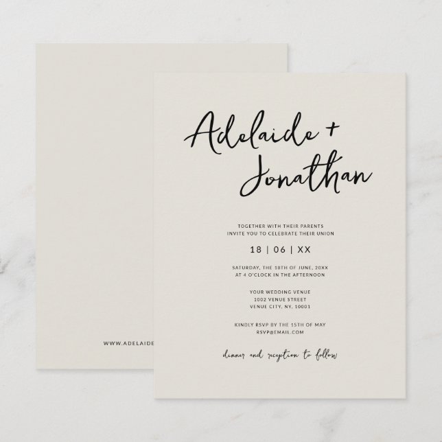 Invitación a la boda de marfil con presupuesto Min (Anverso / Reverso)