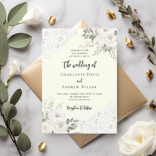 Invitación a la boda de marfil con rosas blancas