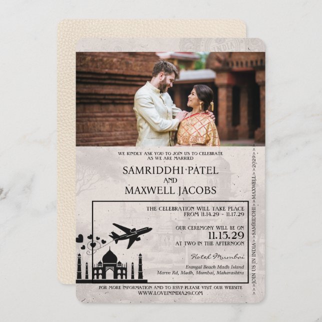 Invitación a la boda de marfil-India Passport (Anverso / Reverso)