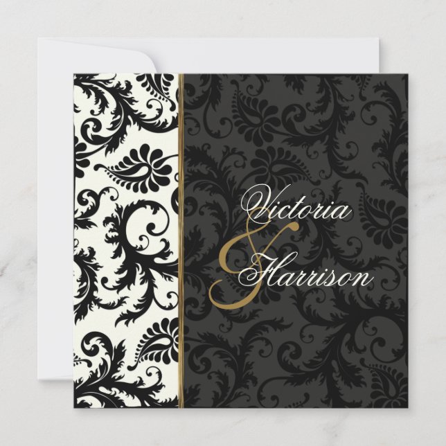 Invitación a la boda de marfil, oro y damasco negr (Anverso)