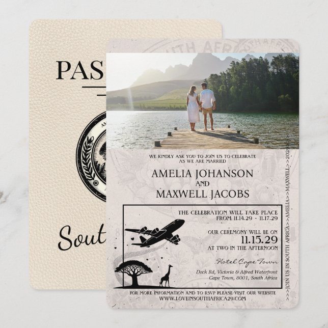 Invitación a la boda de marfil-Sudáfrica con pasap (Anverso / Reverso)