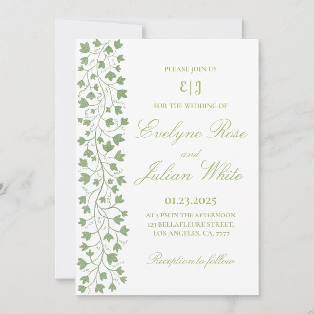 Invitación a la boda de marfil verde minimalista (Anverso)