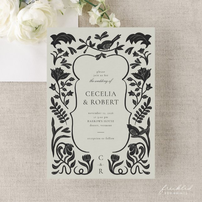Invitación a la boda de marfil y negro (Floral Art Deco Black and Ivory Wedding Invitation)