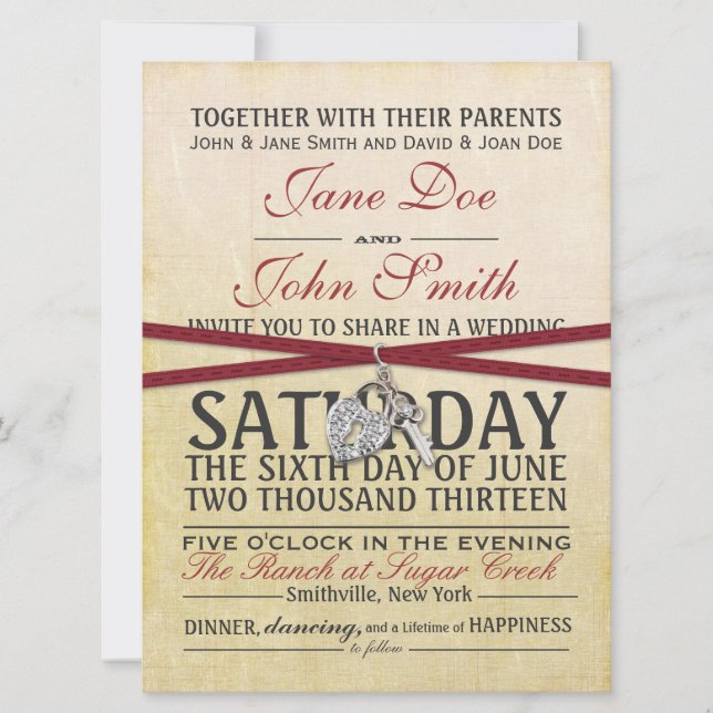 Invitación a la boda de marfil y papel rojo de épo (Anverso)