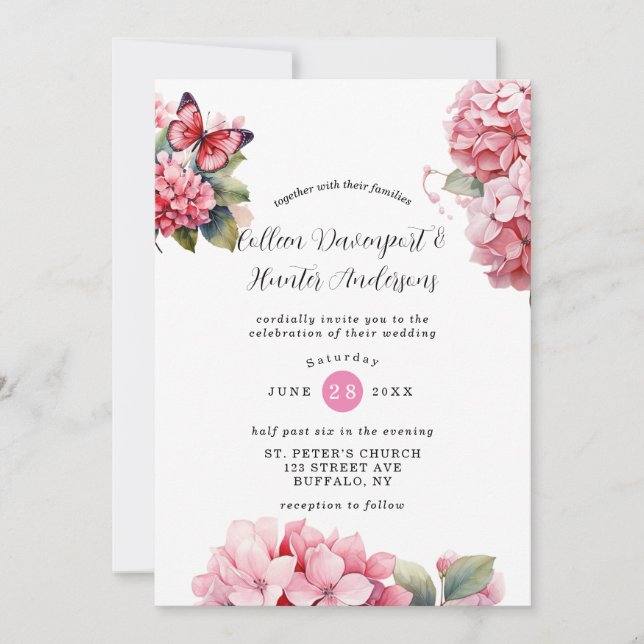 Invitación a la boda de mariposa de la hidrangea r (Anverso)