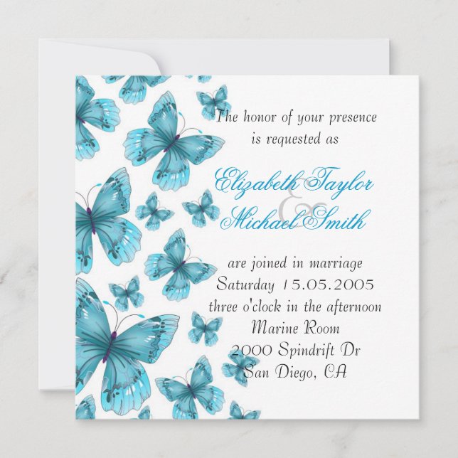 Invitación a la Boda de Mariposa Elegante Azul de  (Anverso)