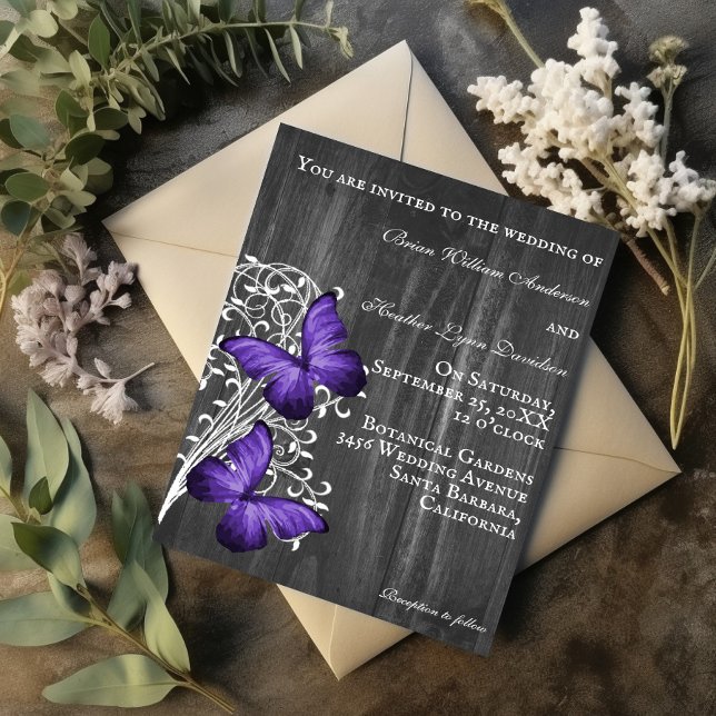 Invitación a la boda de mariposa púrpura rusa (Purple Rustic Butterfly Wedding Invitation)