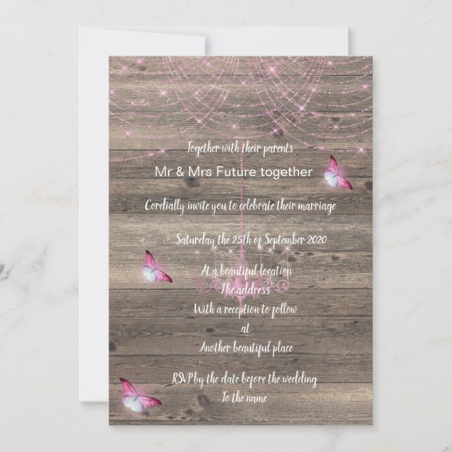 Invitación a la boda de mariposa rosada y ruidosa (Anverso)