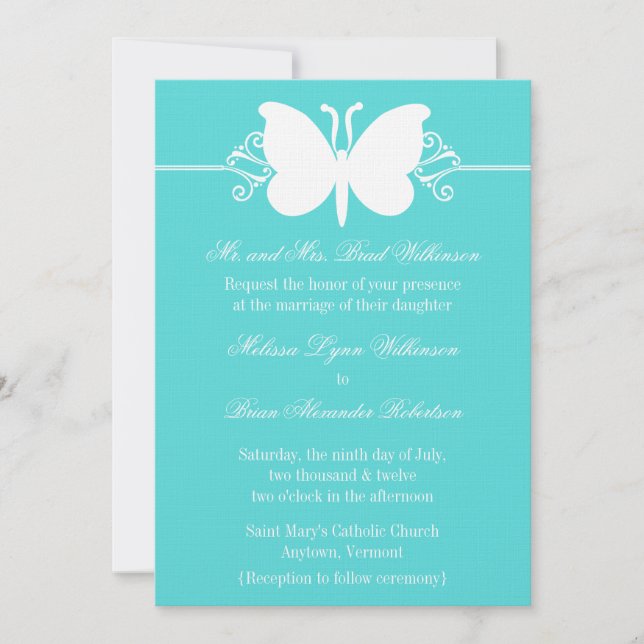 Invitación a la boda de mariposa turquesa (Anverso)