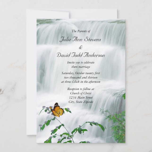 Invitación a la boda de mariposa y cascada (Anverso)