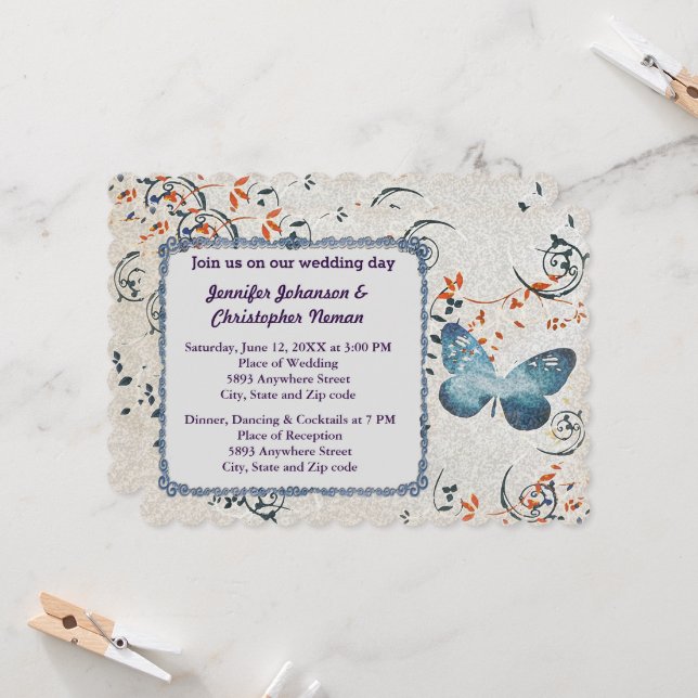 Invitación a la boda de mariposa y hojas azules (Anverso/Reverso In Situ)