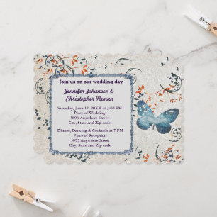 Invitación a la boda de mariposa y hojas azules