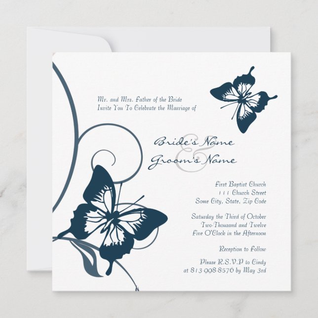 Invitación a la boda de mariposas azules y blancas (Anverso)